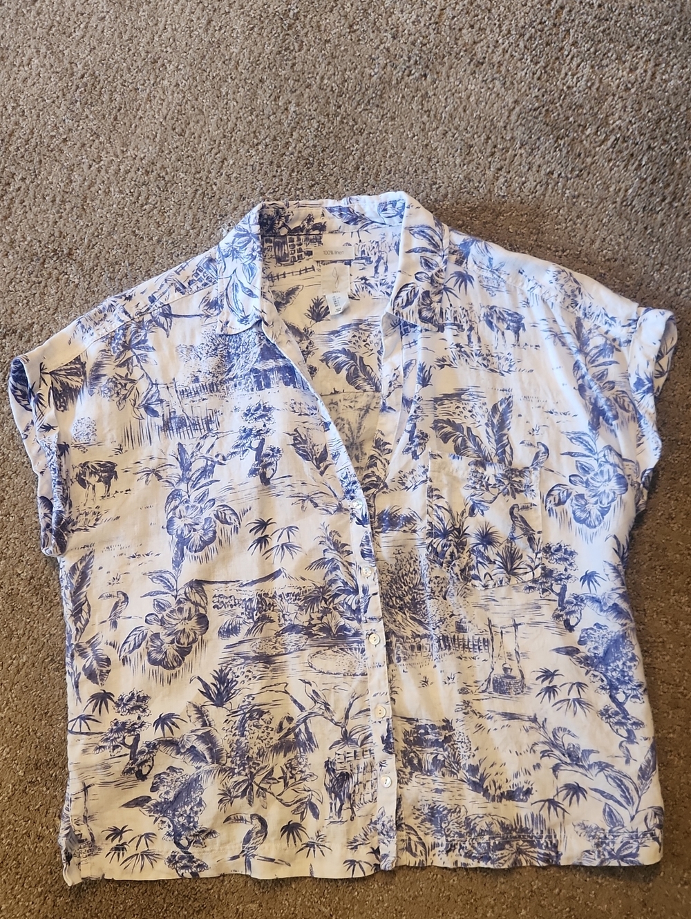 Joie Blue and White Linen Tropical Print Shirt